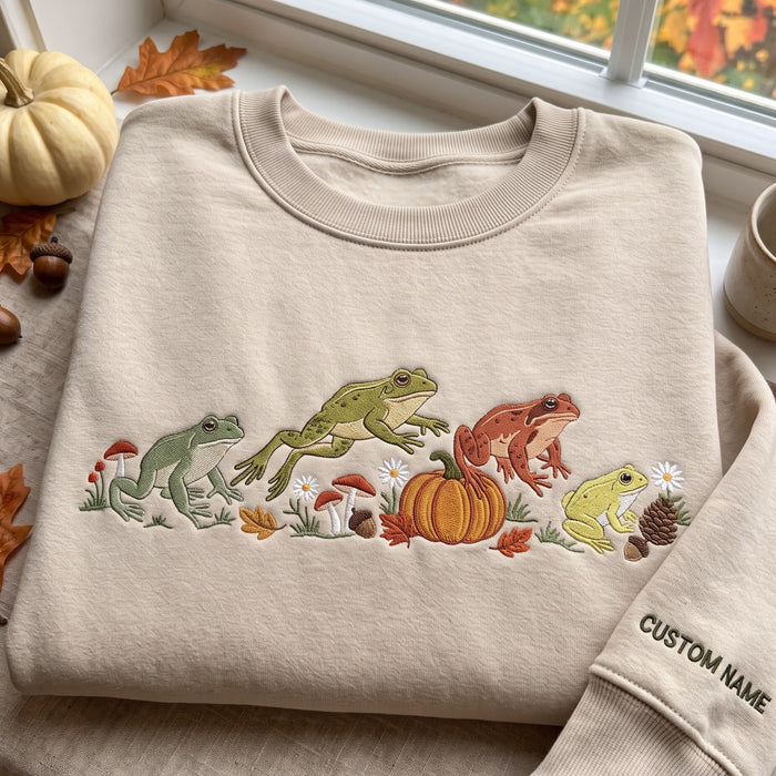 Personalized Fall Frogs Pumpkin Mushroom Autumn Cottagecore Embroidered Sweatshirt