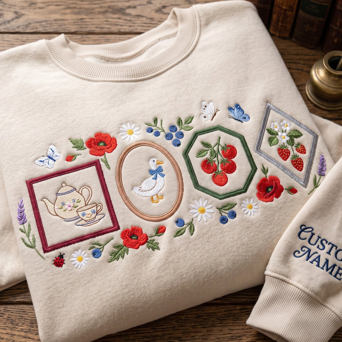 Personalized Cottagecore Teapot Goose Tomatoes Strawberries Floral Frames embroidered sweatshirt — front view