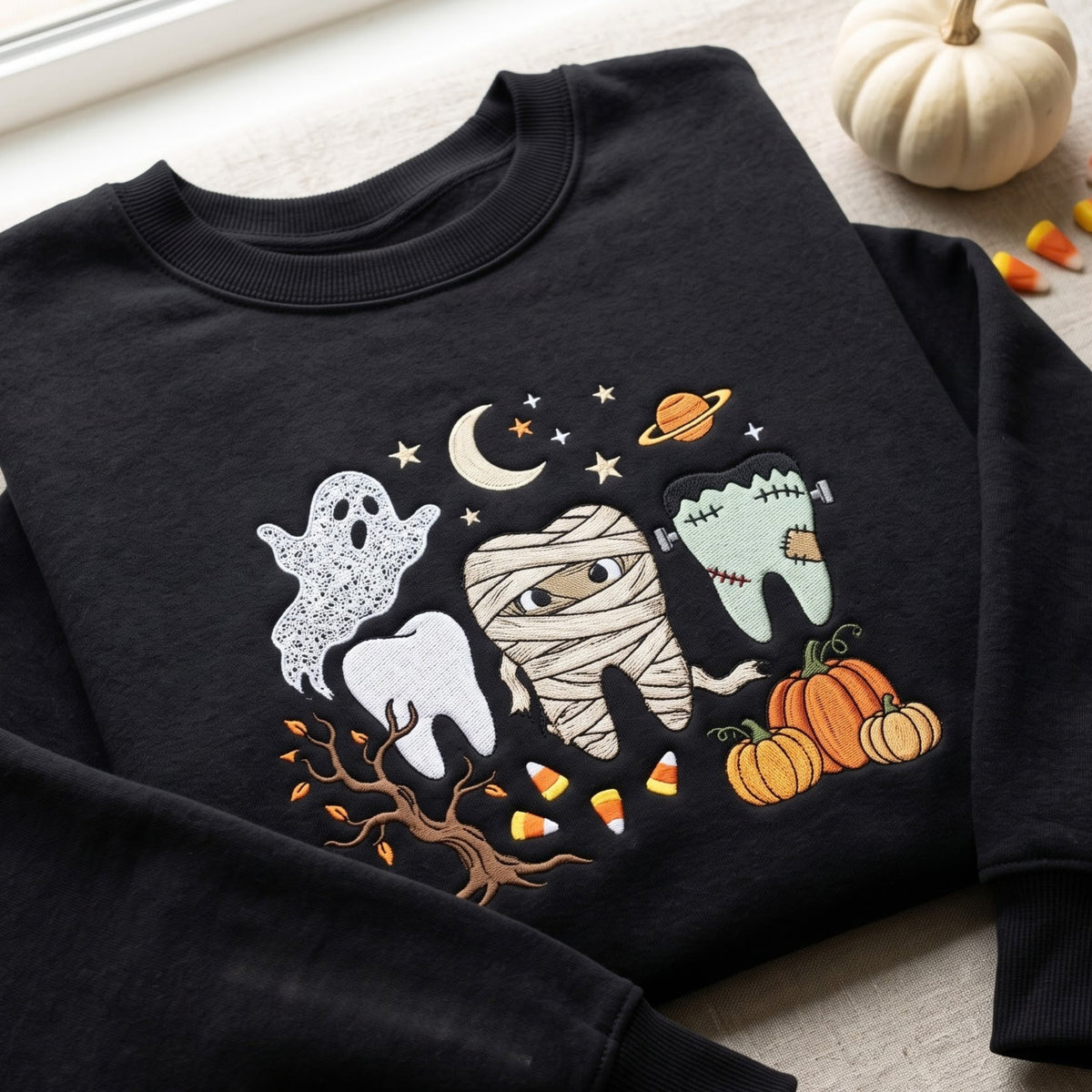 Halloween Spooky Teeth Ghost Mummy Frankenstein Pumpkin Candy Corn embroidered sweatshirt — front view
