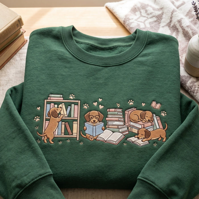 Dachshund Book Lover Reading Dogs Library Shelf Embroidered Sweatshirt