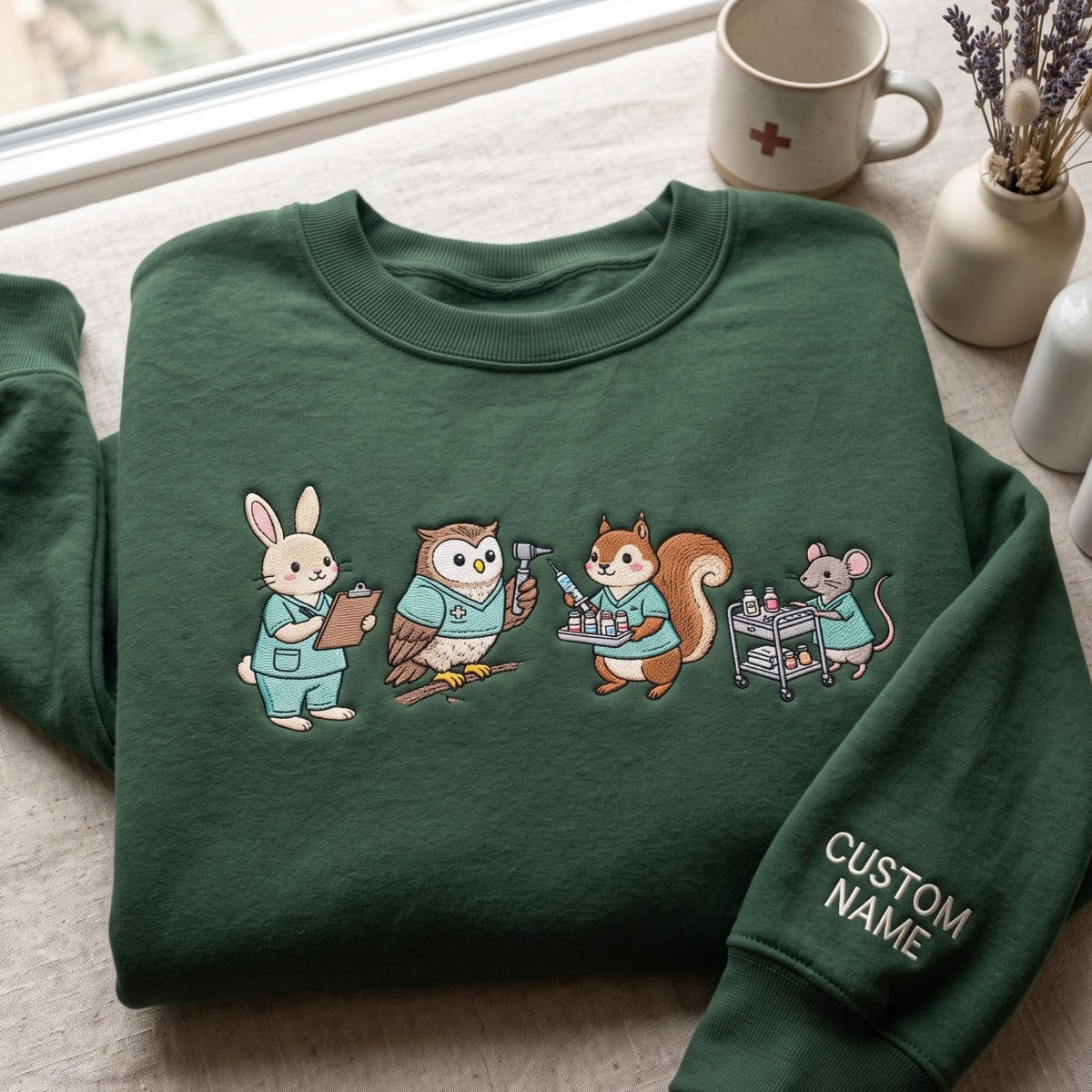 Personalized Nurse Animals Rabbit Owl Squirrel Mouse Scrubs Medical embroidered sweatshirt — front view