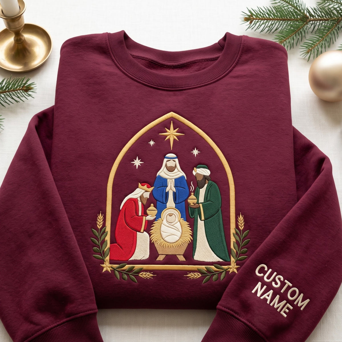 Personalized Nativity Scene Three Wise Men Baby Jesus Christmas Faith embroidered sweatshirt — front view