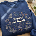 Respect the Locals Woodland Animals Bear Fox Owl Deer Rabbit Raccoon Squirrel Beaver embroidered sweatshirt — front view