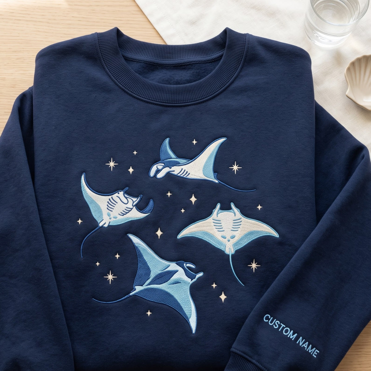 Personalized Manta Ray Celestial Stars Ocean Embroidered Custom Name Sleeve embroidered sweatshirt — front view