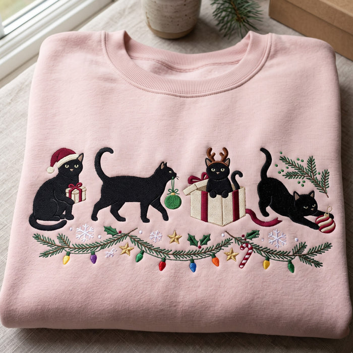 Christmas Black Cats Santa Hat Reindeer Gift Box Holiday Garland Lights Embroidered Sweatshirt