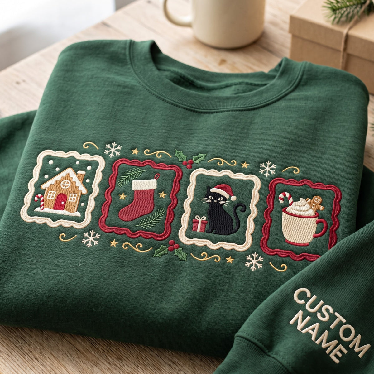 Personalized Christmas Black Cat Santa Hat Gingerbread House Stocking Hot Cocoa Four Panels embroidered sweatshirt — front view