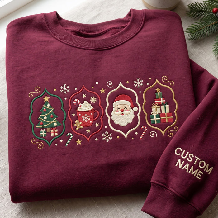 Personalized Christmas Santa Tree Hot Cocoa Gifts Four Panels Embroidered Sweatshirt