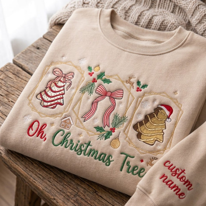Personalized Oh Christmas Tree Gingerbread Cookie Bow Holly Wreath Custom Name Sleeve Embroidered Sweatshirt