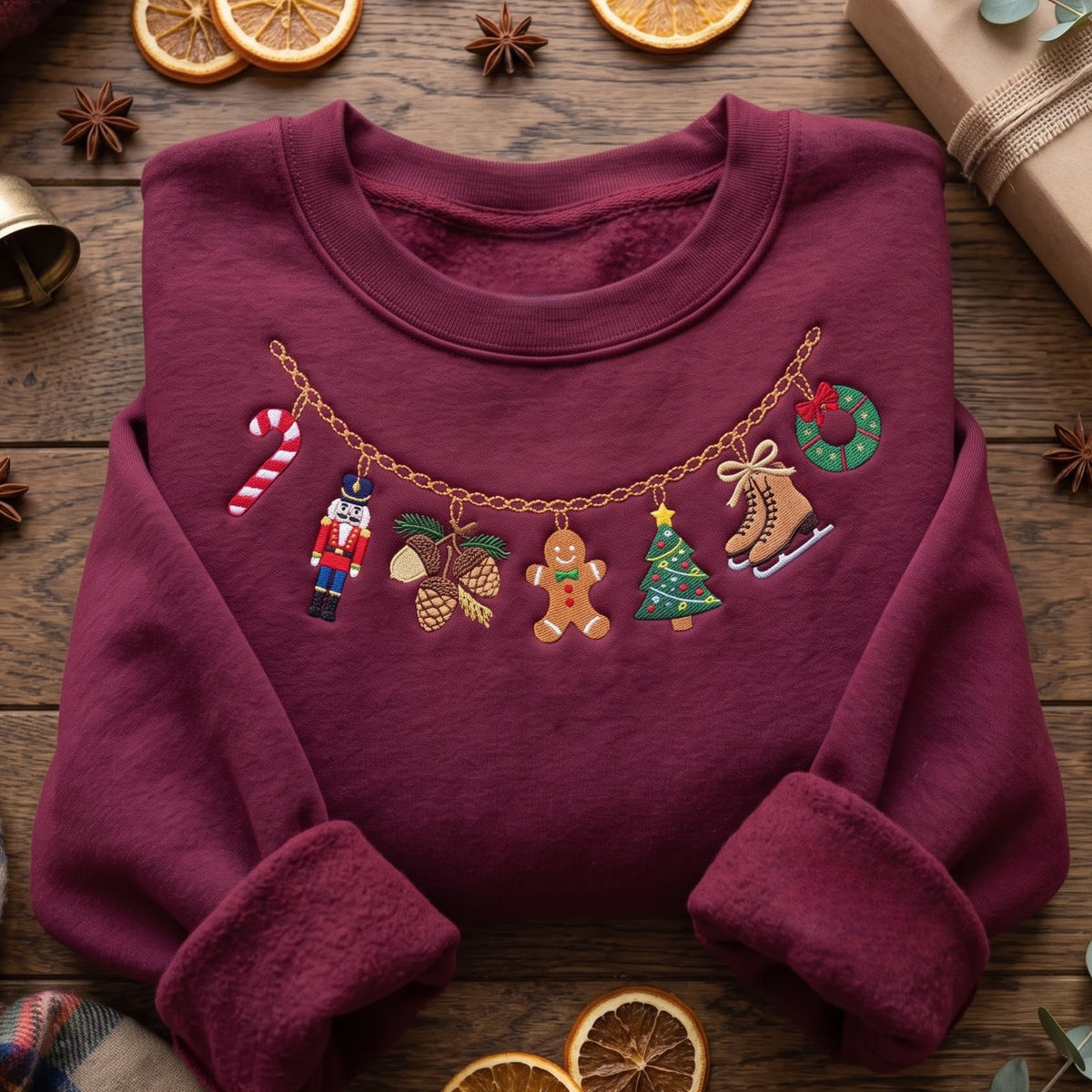 Christmas Charm Necklace Nutcracker Gingerbread Ice Skates Wreath Candy Cane embroidered sweatshirt — front view
