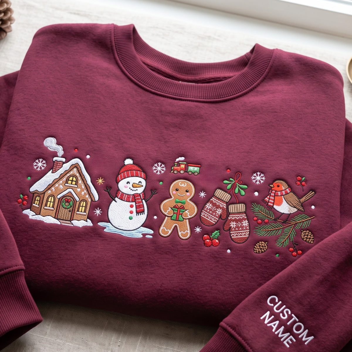 Personalized Christmas Gingerbread House Snowman Gingerbread Man Mittens Robin Bird Custom Name Sleeve embroidered…