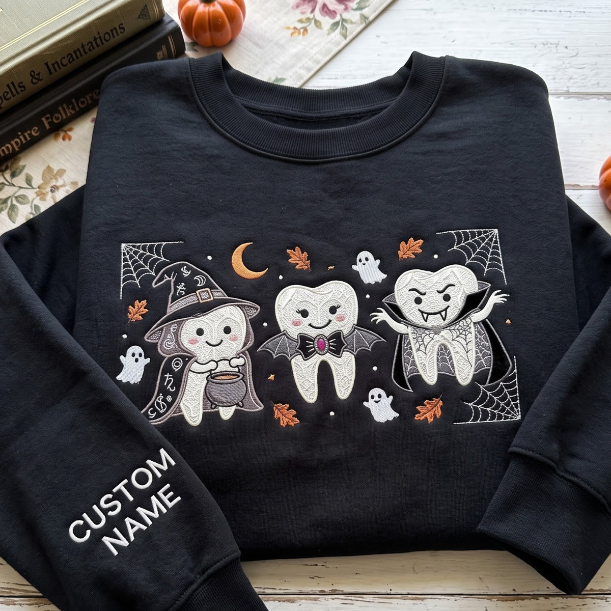 Personalized Halloween Dental Tooth Witch Vampire Bat Costumes Ghost Leaves embroidered sweatshirt — front view