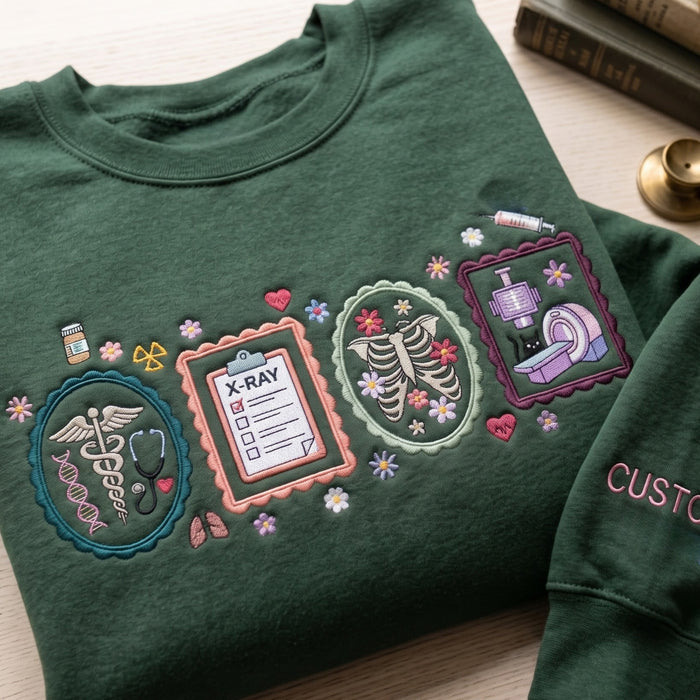 Personalized Radiology Tech X-Ray Floral Frames Caduceus Mri Embroidered Sweatshirt