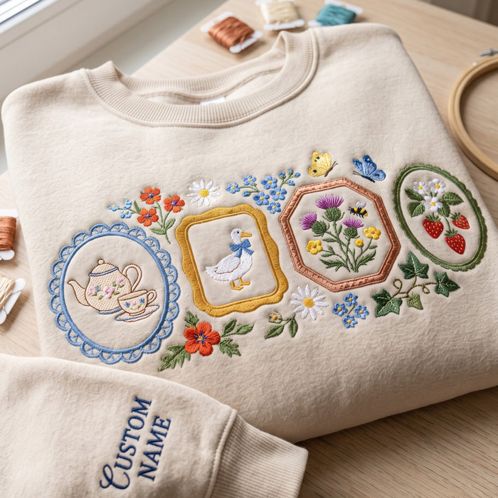 Personalized Cottagecore Teapot Duck Thistle Strawberry Floral Frames Embroidered Sweatshirt