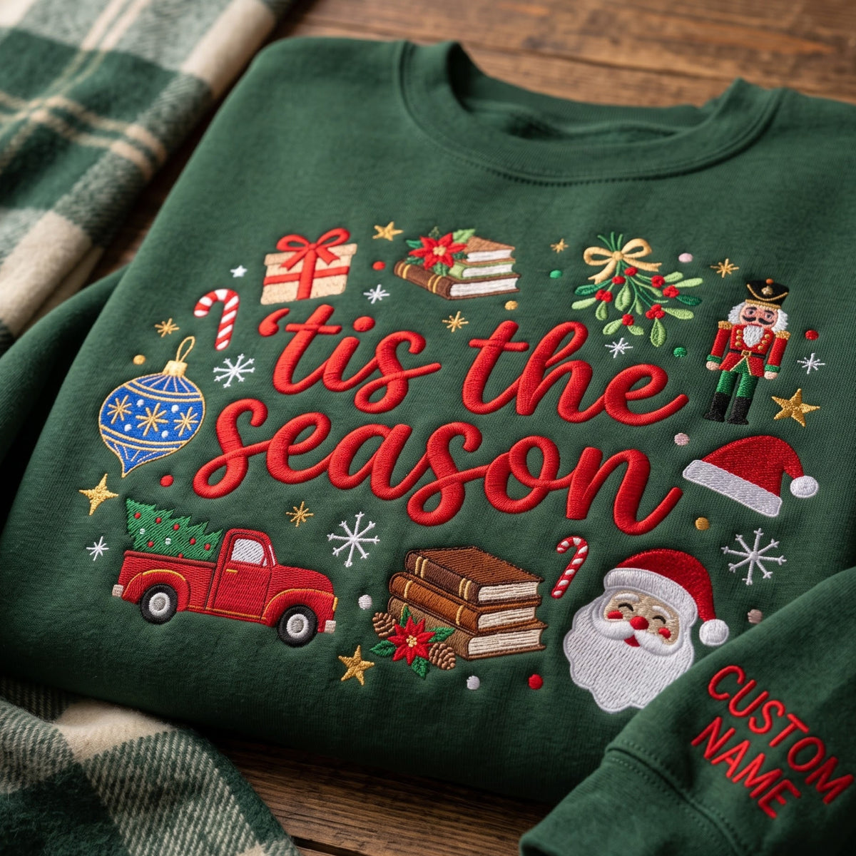 Personalized Tis the Season Christmas Santa Nutcracker Red Truck Books embroidered sweatshirt — front view