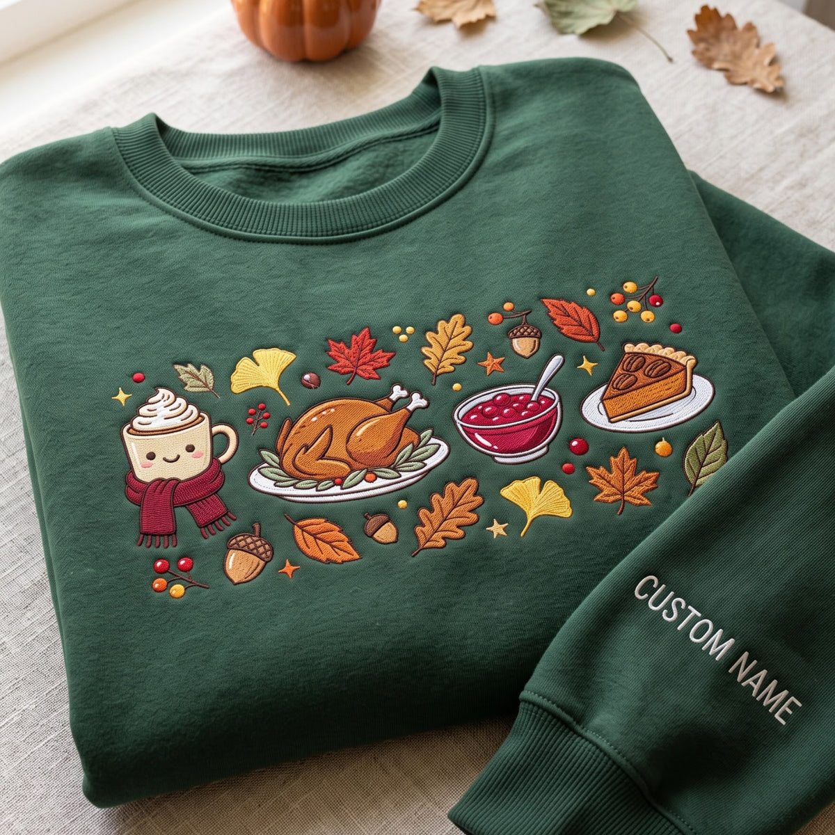 Personalized Thanksgiving Turkey Pumpkin Pie Cranberry Cute Fall Foods embroidered sweatshirt — front view