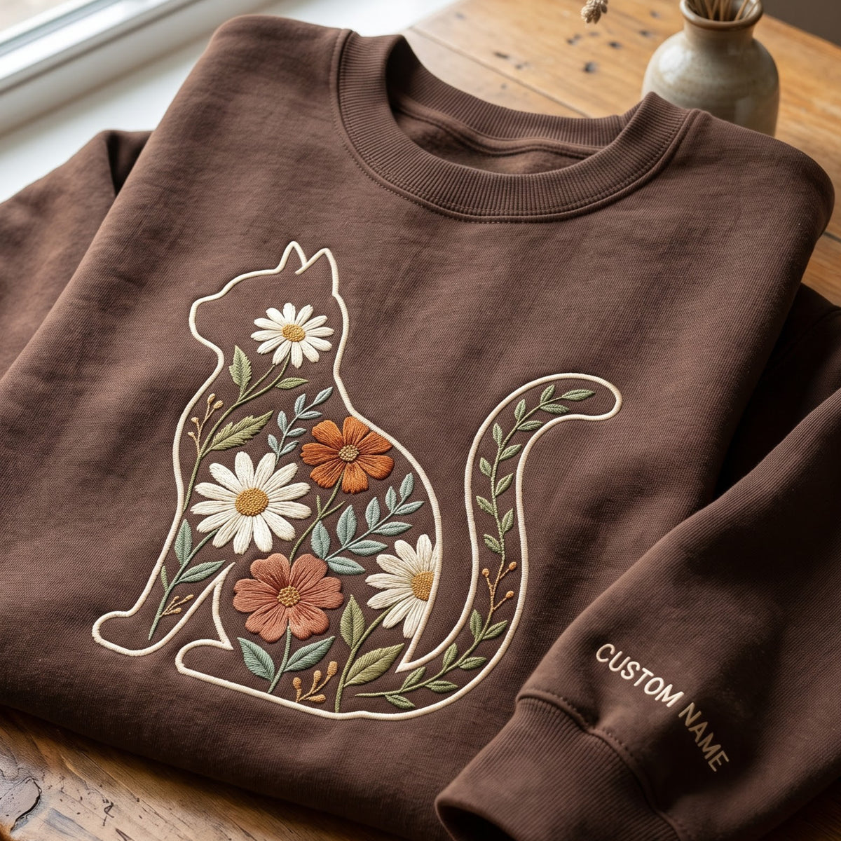 Personalized Floral Cat Silhouette Wildflower Botanical embroidered sweatshirt — front view