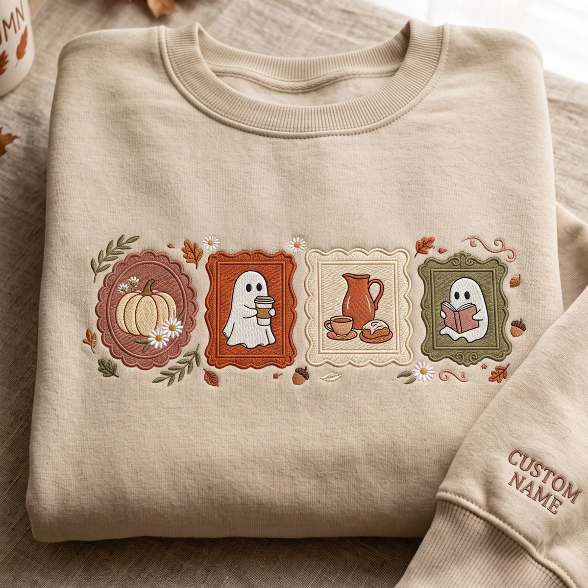 Personalized Halloween Ghost Pumpkin Coffee Fall Frames embroidered sweatshirt — front view