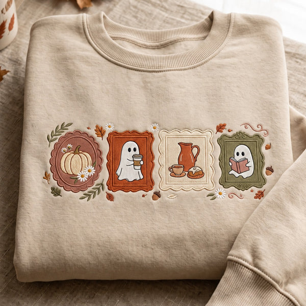 Personalized Halloween Ghost Pumpkin Coffee Fall Frames embroidered sweatshirt — front view
