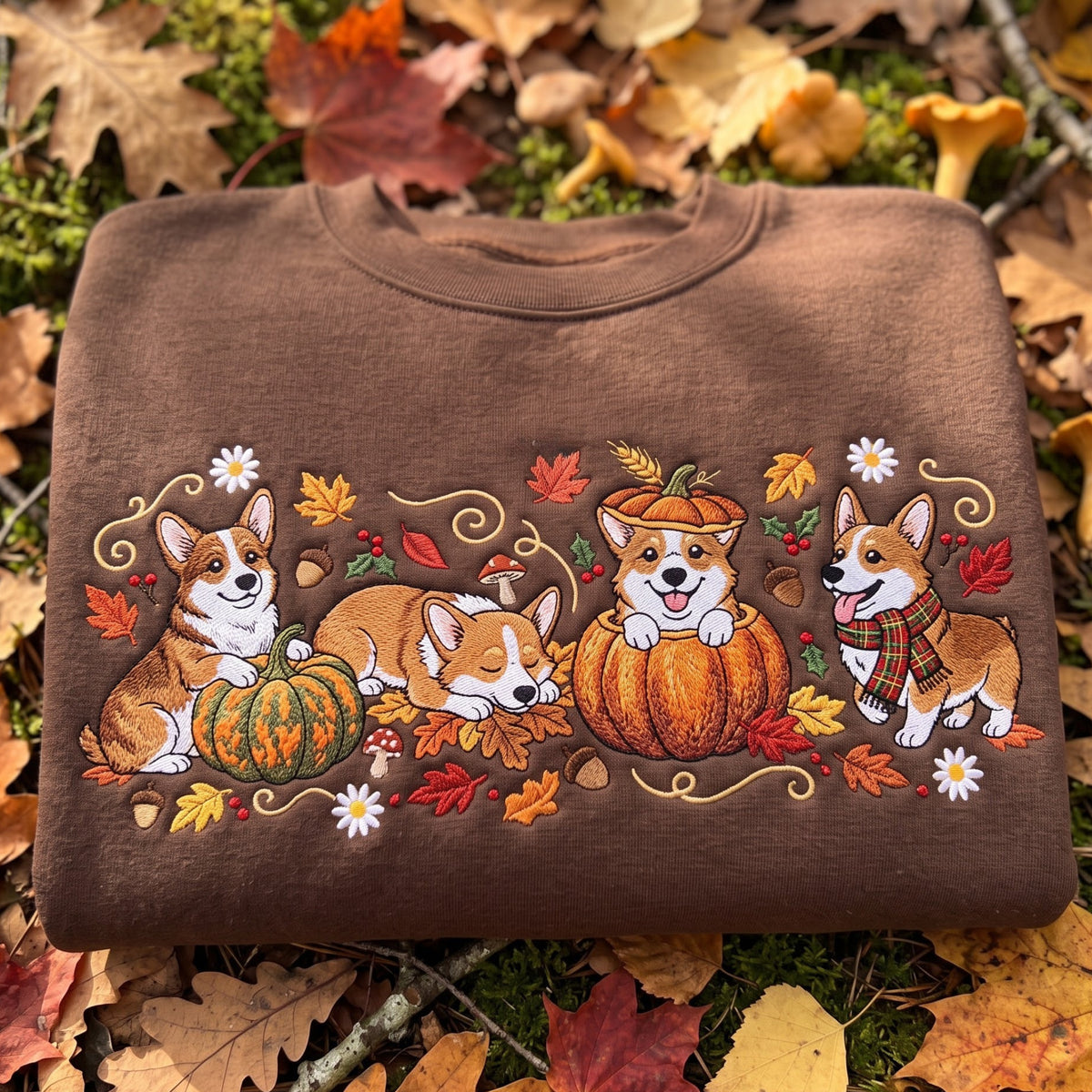 Fall Corgi Pumpkin Autumn Leaves Mushroom Daisy Scarf Four Corgis embroidered sweatshirt — front view