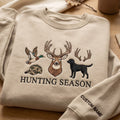 Personalized Hunting Season Deer Duck Lab Dog Camo Hat Antlers embroidered sweatshirt — front view