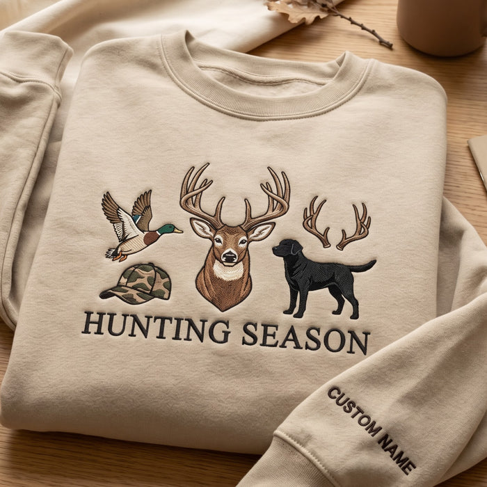 Personalized Hunting Season Deer Duck Lab Dog Camo Hat Antlers Embroidered Sweatshirt