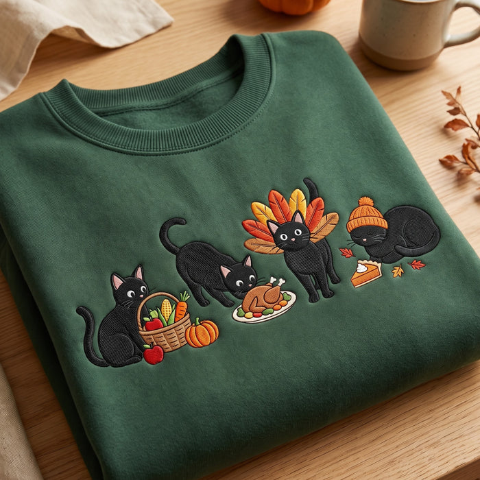 Thanksgiving Black Cats Turkey Harvest Pumpkin Pie Fall Embroidered Sweatshirt