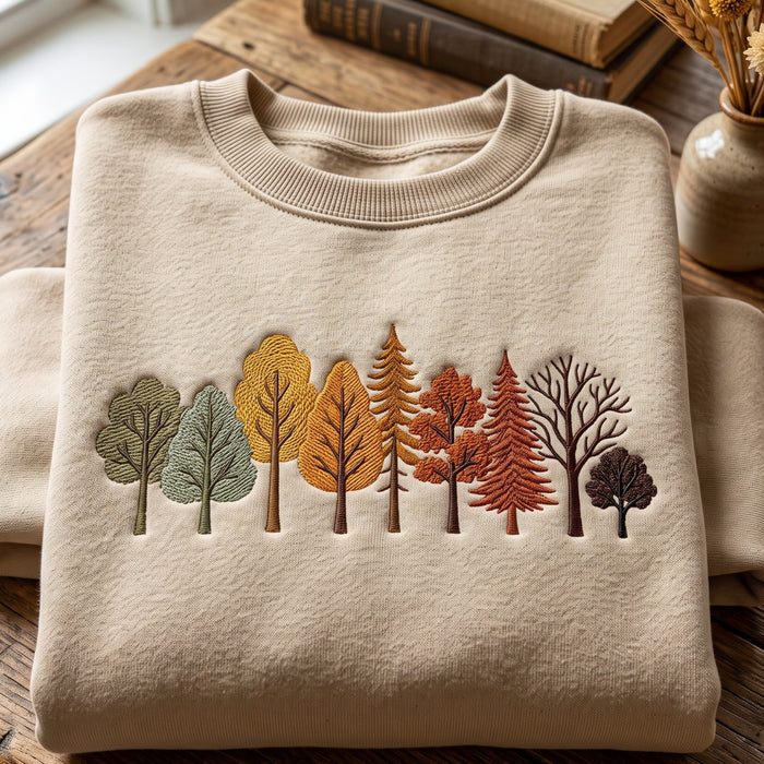 Autumn Forest Trees Seasonal Color Change Nature Embroidered Sweatshirt