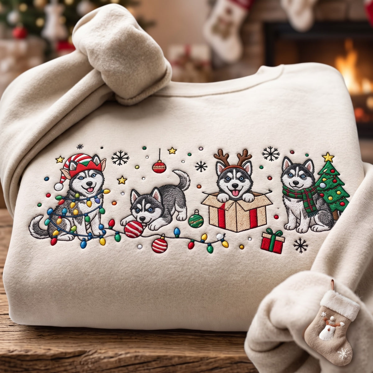 Christmas Husky Dog Four Scenes Elf Hat Reindeer Antlers Gift Box Lights embroidered sweatshirt — front view