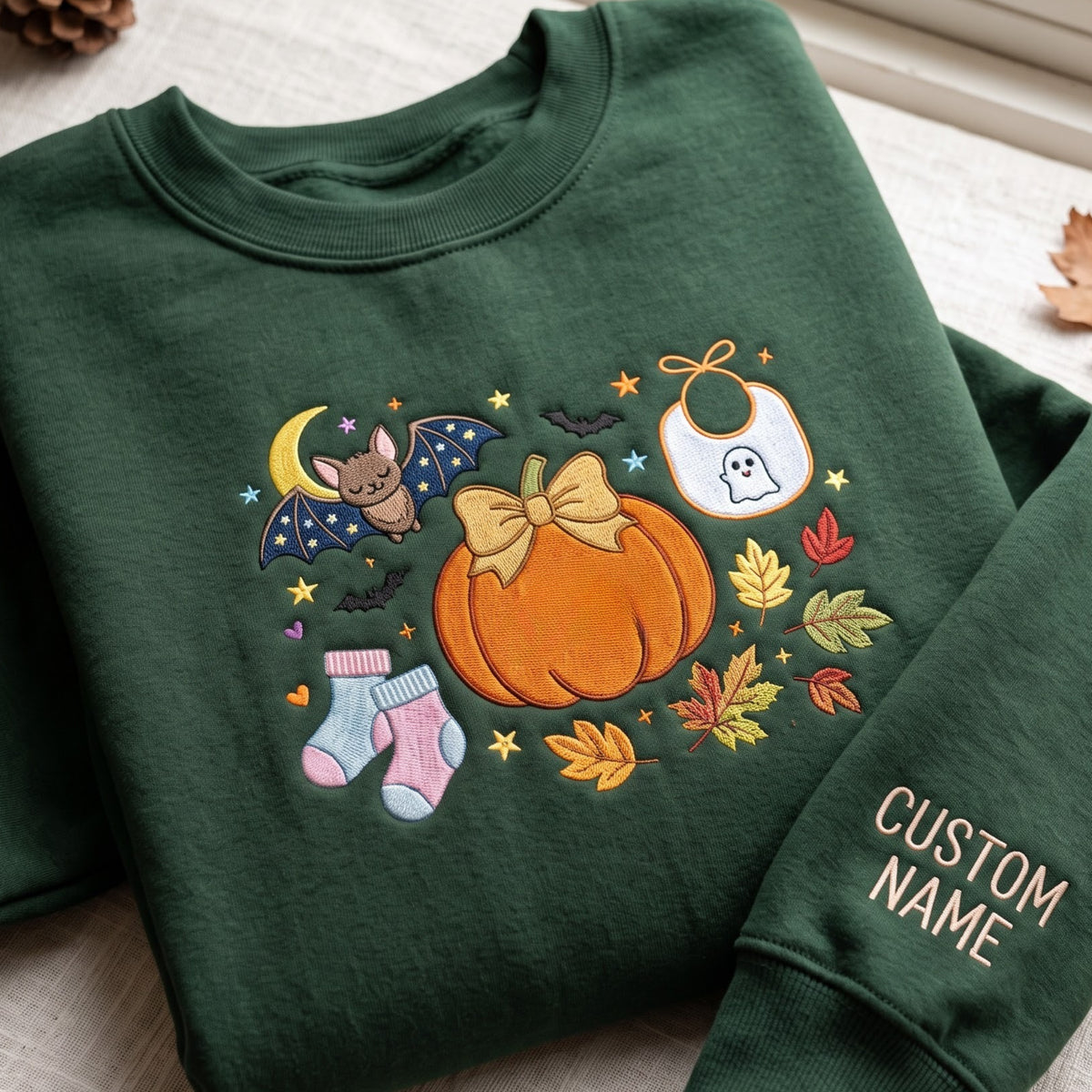 Personalized Halloween Pregnancy Pumpkin Bat Ghost Baby Bib Socks Fall Leaves embroidered sweatshirt — front view