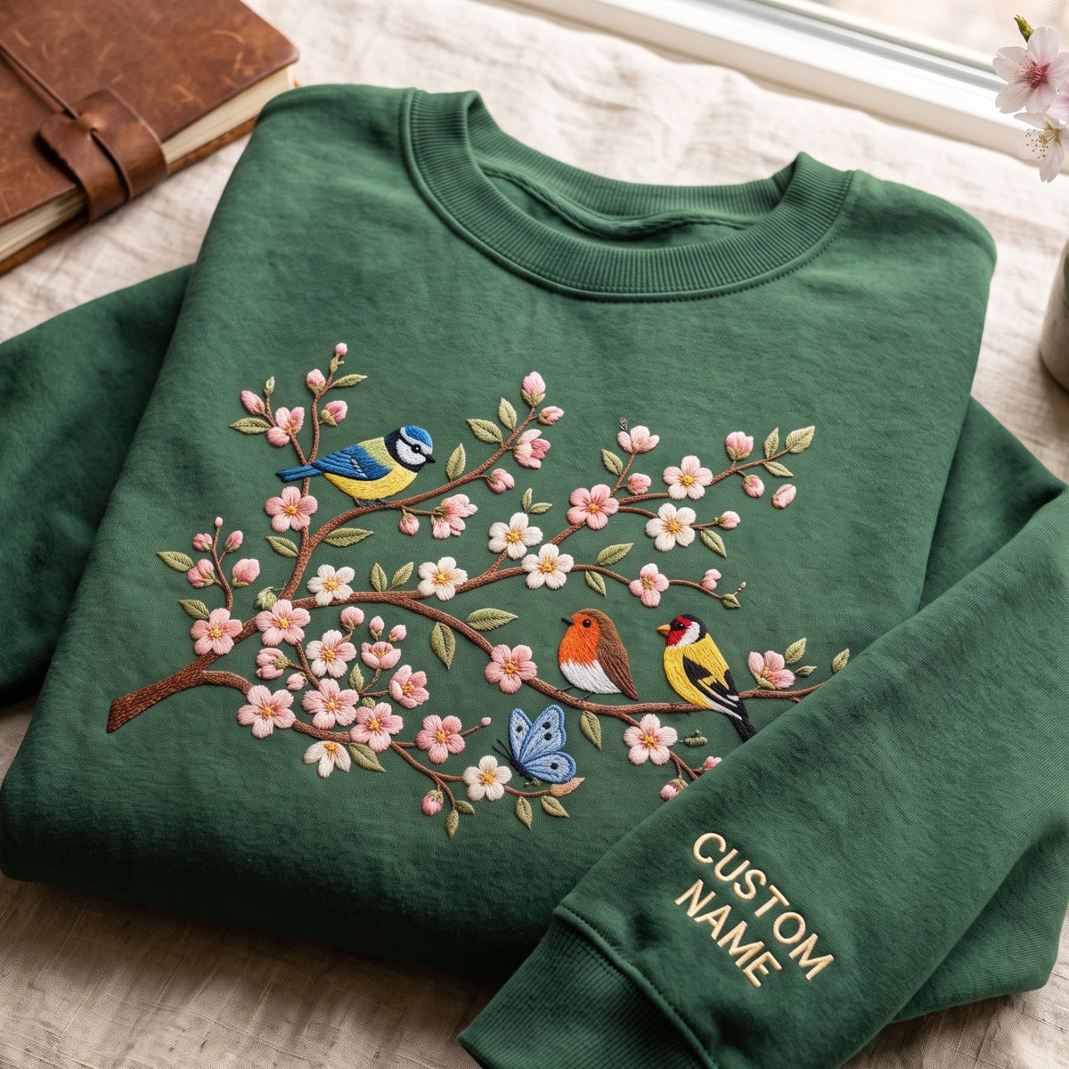 Personalized Cherry Blossom Branch Birds Butterfly Spring Floral embroidered sweatshirt — front view