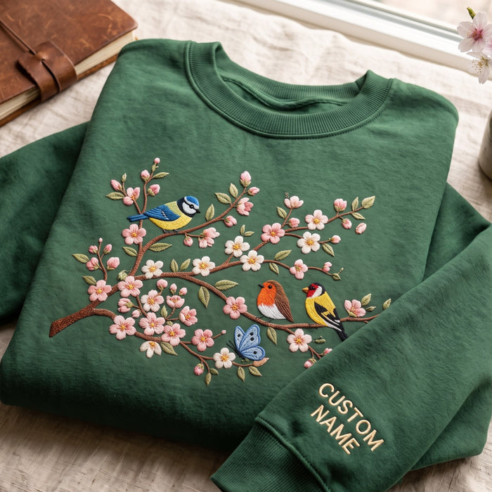 Personalized Cherry Blossom Branch Birds Butterfly Spring Floral Embroidered Sweatshirt