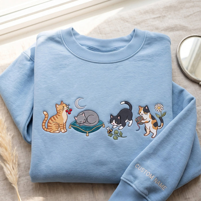 Personalized Four Cats Cherry Moon Pillow Bee Daisy Yarn Embroidered Sweatshirt