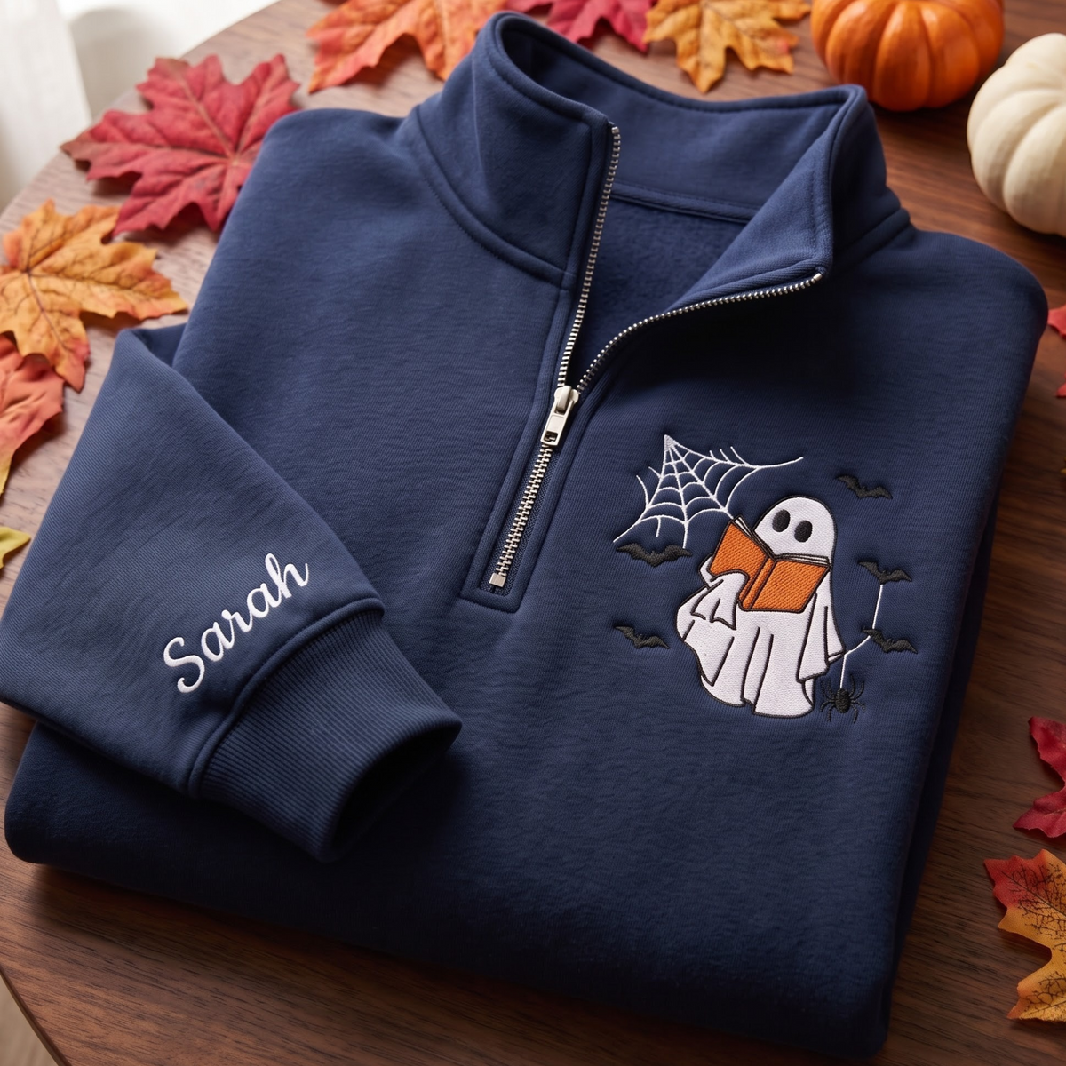 Personalized Halloween Ghost Reading Book Spider Web Bats embroidered quarter-zip — front view
