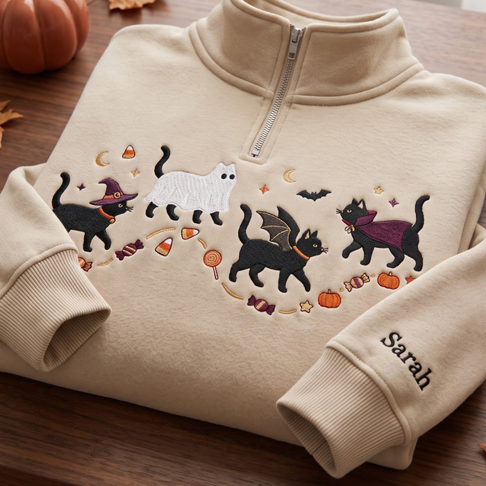 Personalized Halloween Cats Witch Ghost Bat Vampire Candy Pumpkin Embroidered Quarter-Zip