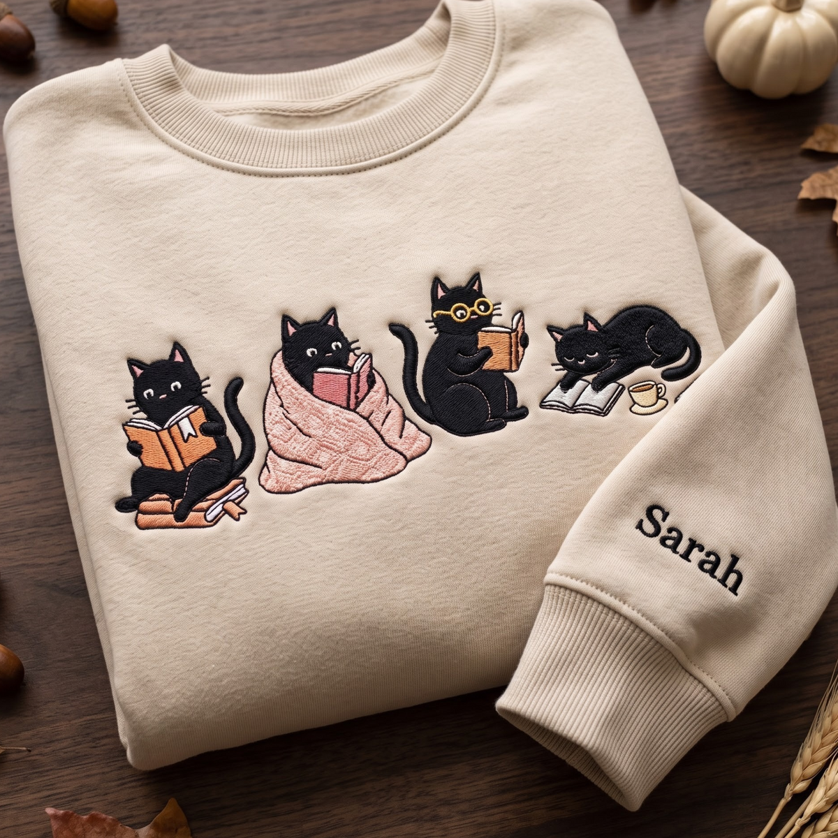 Personalized Black Cats Reading Books Cozy Blanket Coffee Cup embroidered sweatshirt — front view