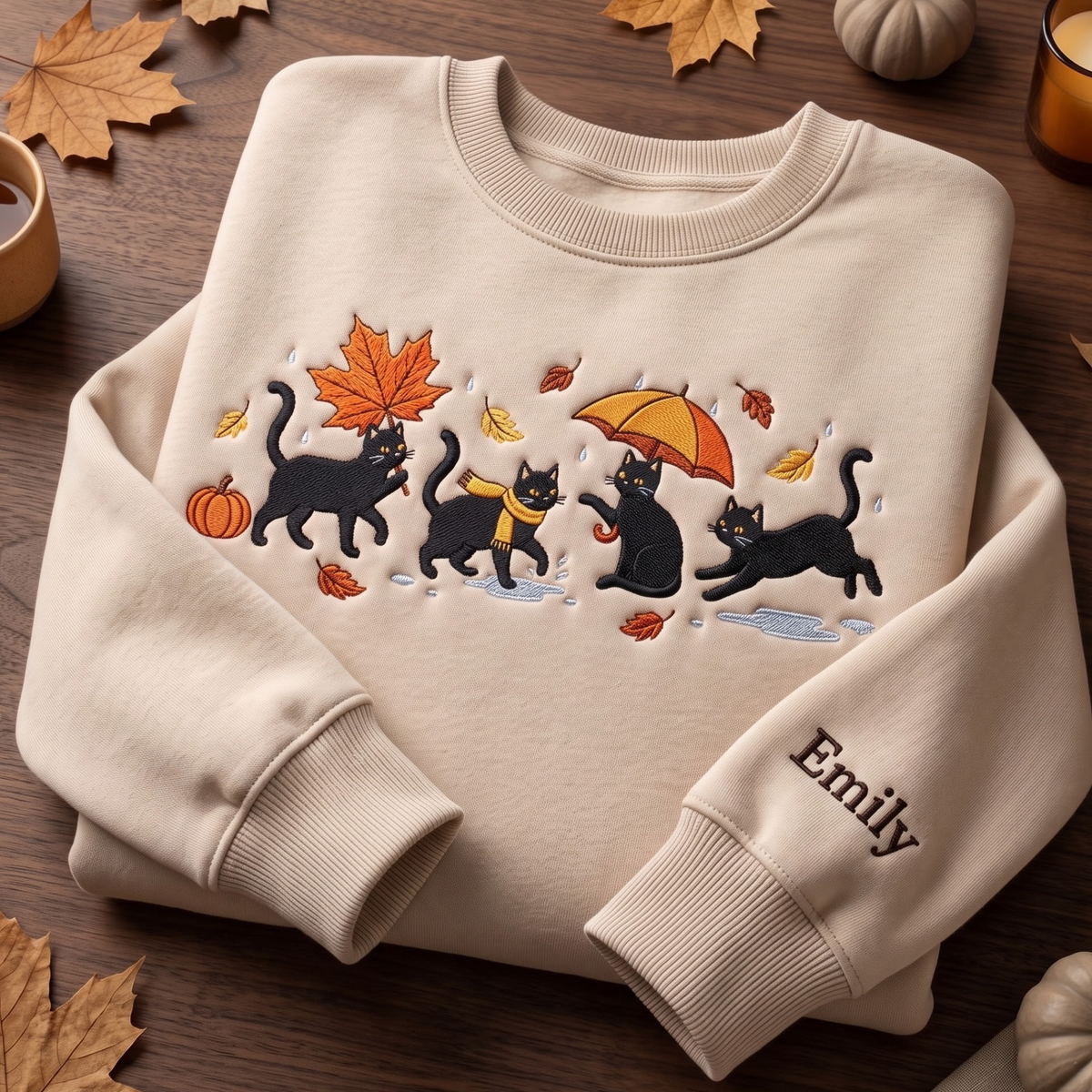 Personalized Autumn Black Cats Falling Leaves Umbrella Rain Puddles embroidered sweatshirt — front view