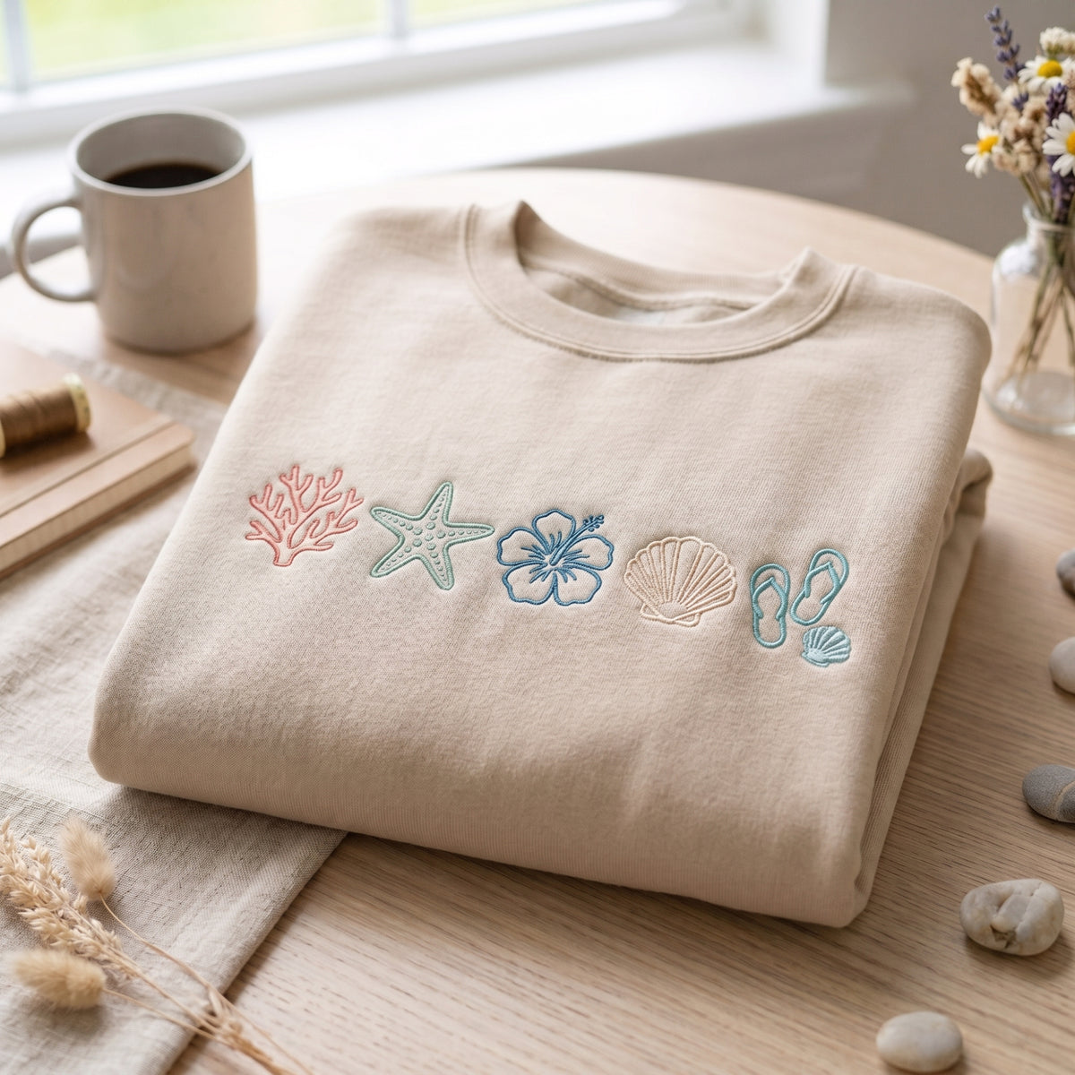 Minimalist Beach Coral Starfish Hibiscus Shell Flip Flops embroidered sweatshirt — front view