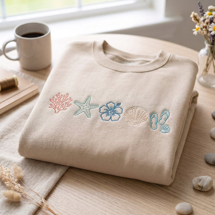 Minimalist Beach Coral Starfish Hibiscus Shell Flip Flops Embroidered Sweatshirt