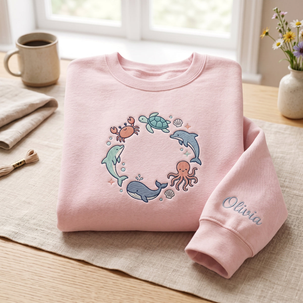 Personalized Ocean Sea Animals Circle Whale Dolphin Turtle Crab Octopus embroidered sweatshirt — front view