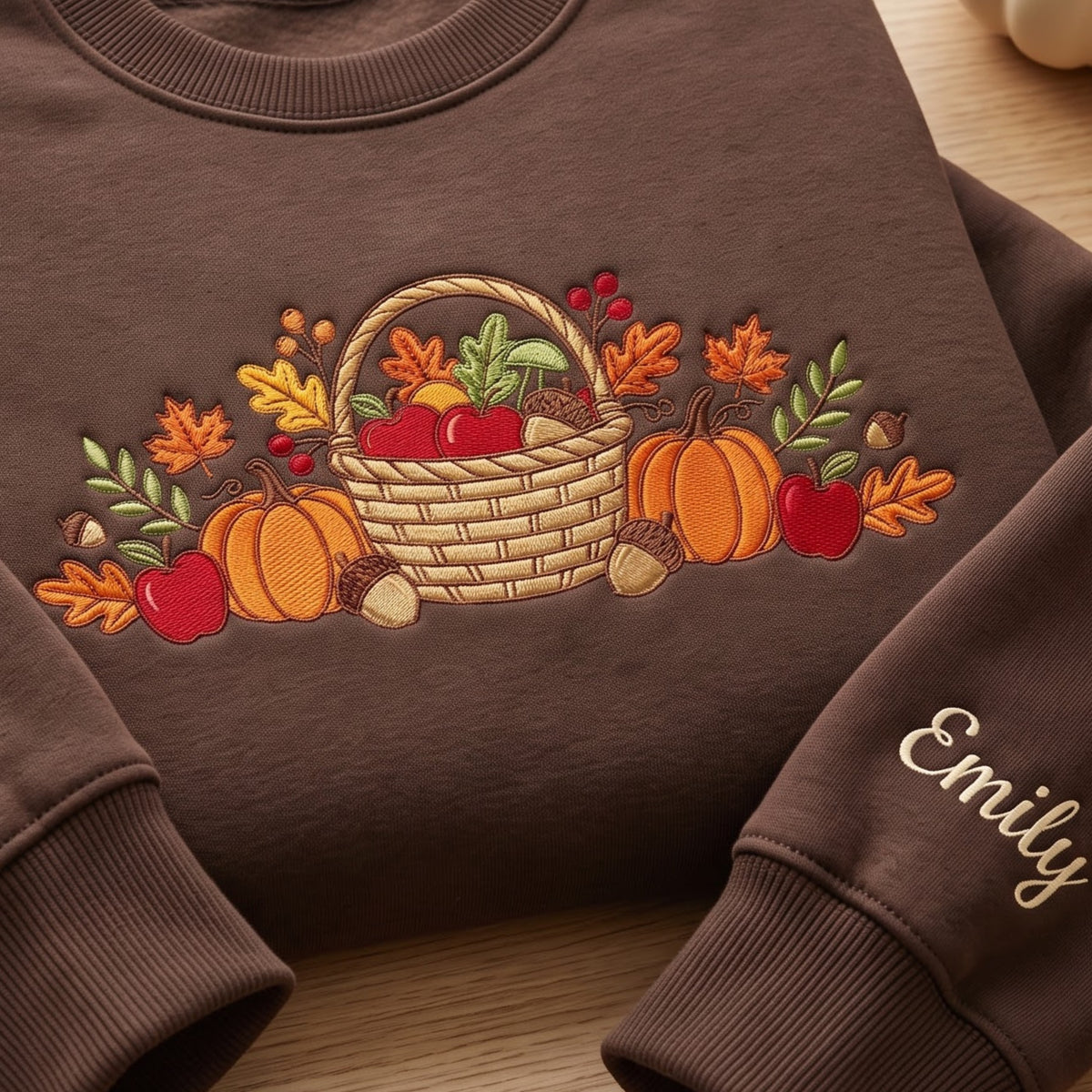 Personalized Fall Harvest Basket Pumpkins Apples Autumn Leaves Acorns embroidered sweatshirt — front view