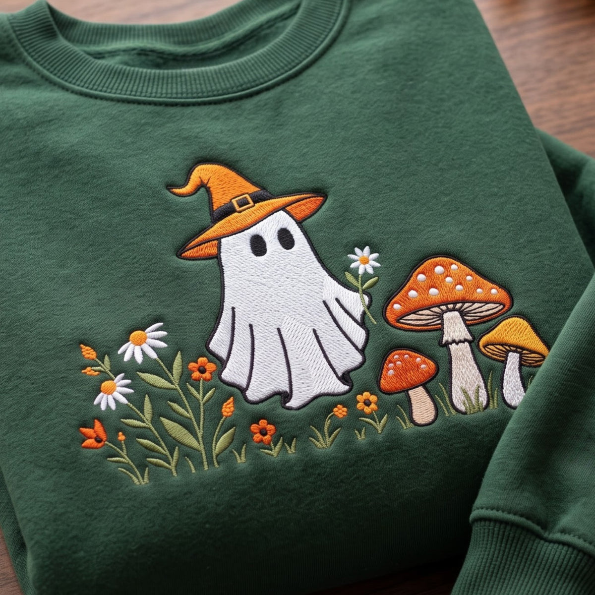 Halloween Ghost Witch Hat Mushrooms Wildflowers Cottagecore embroidered sweatshirt — front view