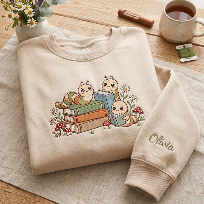 Personalized Bookworm Caterpillar Reading Books Mushroom Daisy Embroidered Sweatshirt