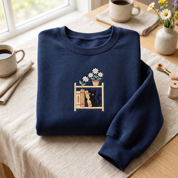Personalized Black Cat Bookshelf Daisy Flowers Custom Name Embroidered Sweatshirt