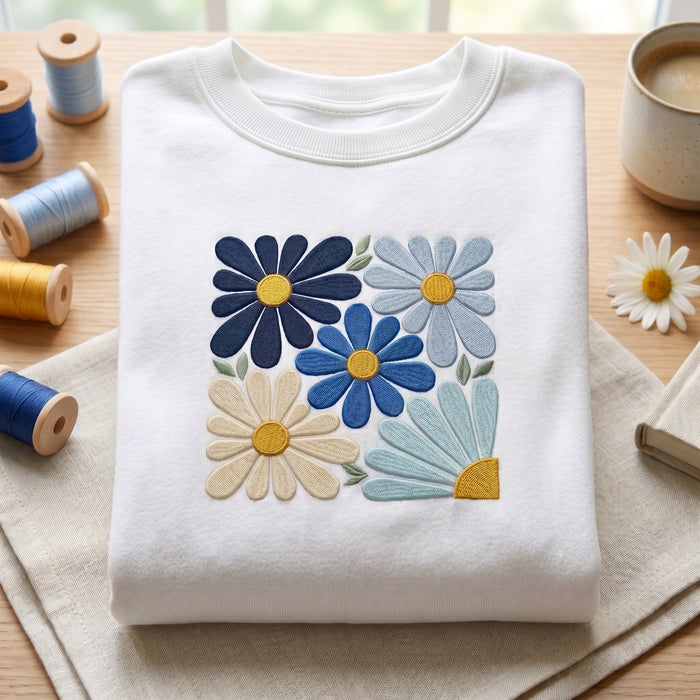 Blue Daisy Floral Tile Retro Wildflower Bouquet Embroidered Sweatshirt