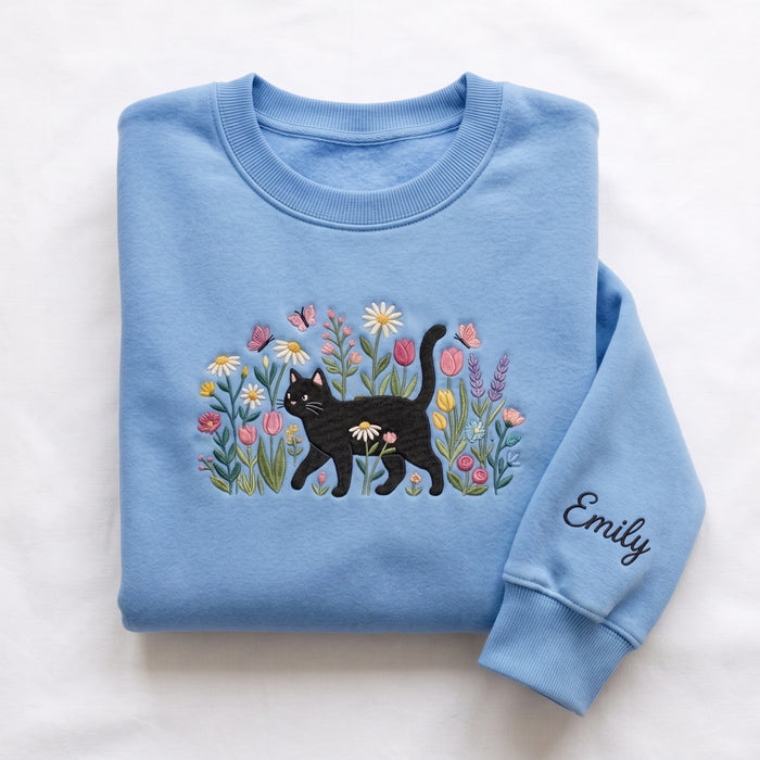 Personalized Black Cat Wildflower Meadow Spring Floral Embroidered Sweatshirt