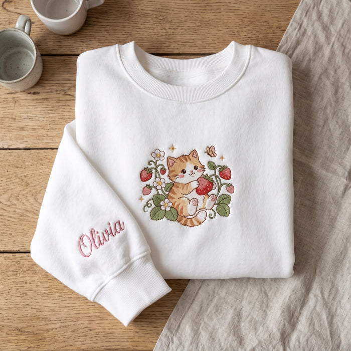 Personalized Strawberry Cat Kitten Floral Sleeve Name Embroidered Sweatshirt