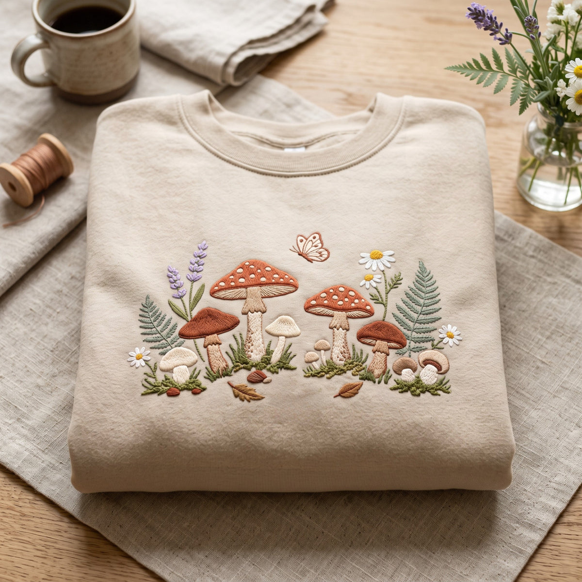 Cottagecore Mushroom Wildflower Botanical Garden Butterfly Fern Daisy embroidered sweatshirt — front view