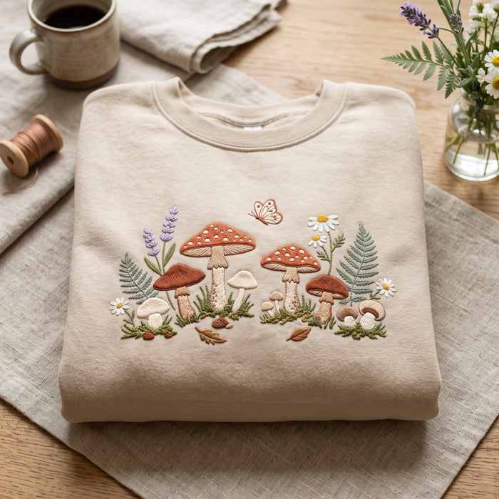 Cottagecore Mushroom Wildflower Botanical Garden Butterfly Fern Daisy Embroidered Sweatshirt