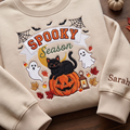 Personalized Spooky Season Black Cat Jack-O-Lantern Ghost Halloween embroidered sweatshirt — front view