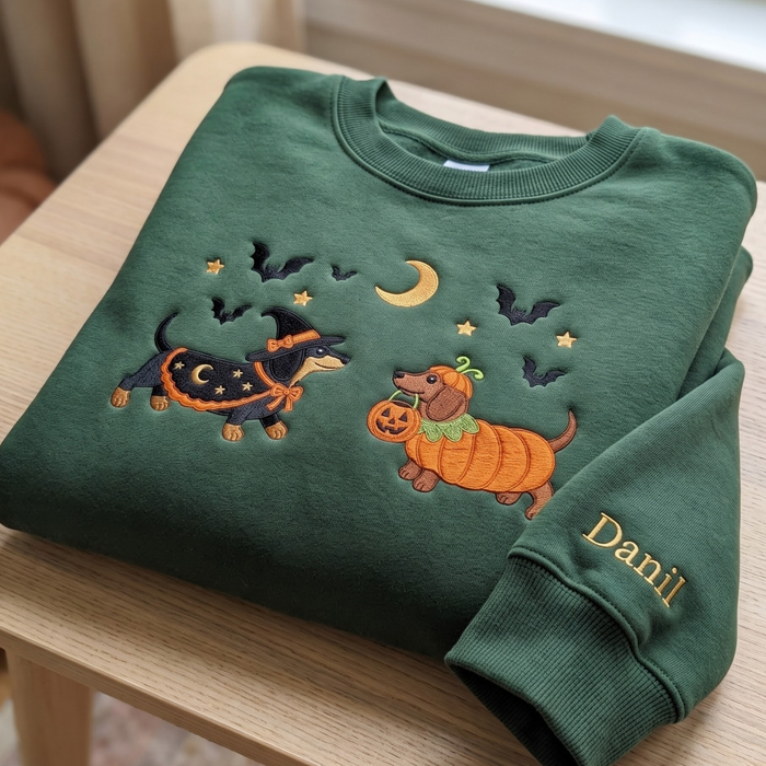 Personalized Halloween Dachshund Witch Pumpkin Costume Bats Moon Stars Embroidered Sweatshirt
